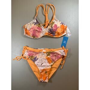 NWT Cupshe Floral Orange Strappy Lace Up Bikini Set Size Medium